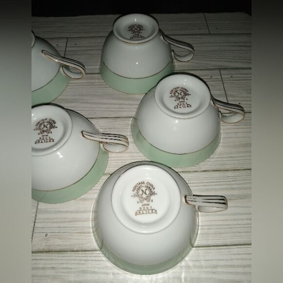 Noritake China 5267 Alice Tea Cups Set Of 6 Wide Green Border Gold Wheat Print - Picture 5 of 9